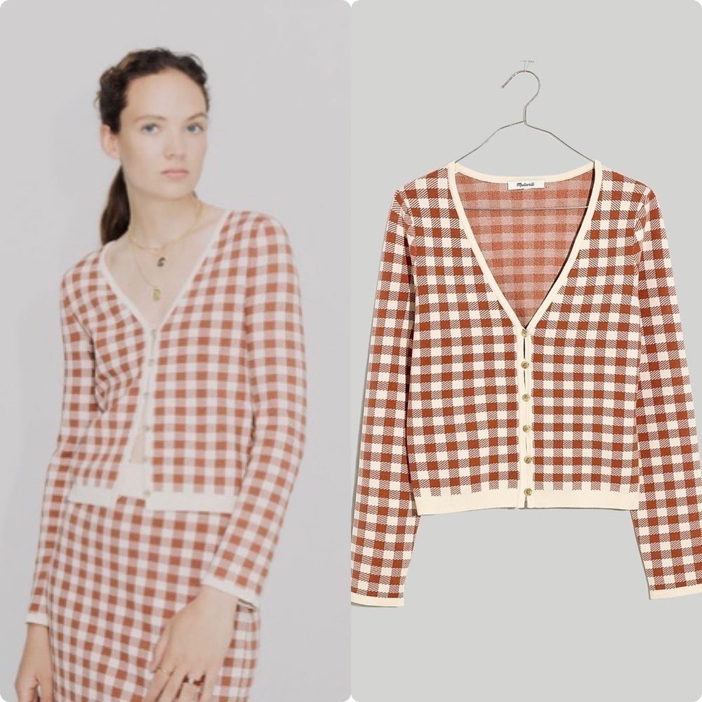 Madewell Gingham Check Carmon Cropped V-Neck Cardigan Sweater